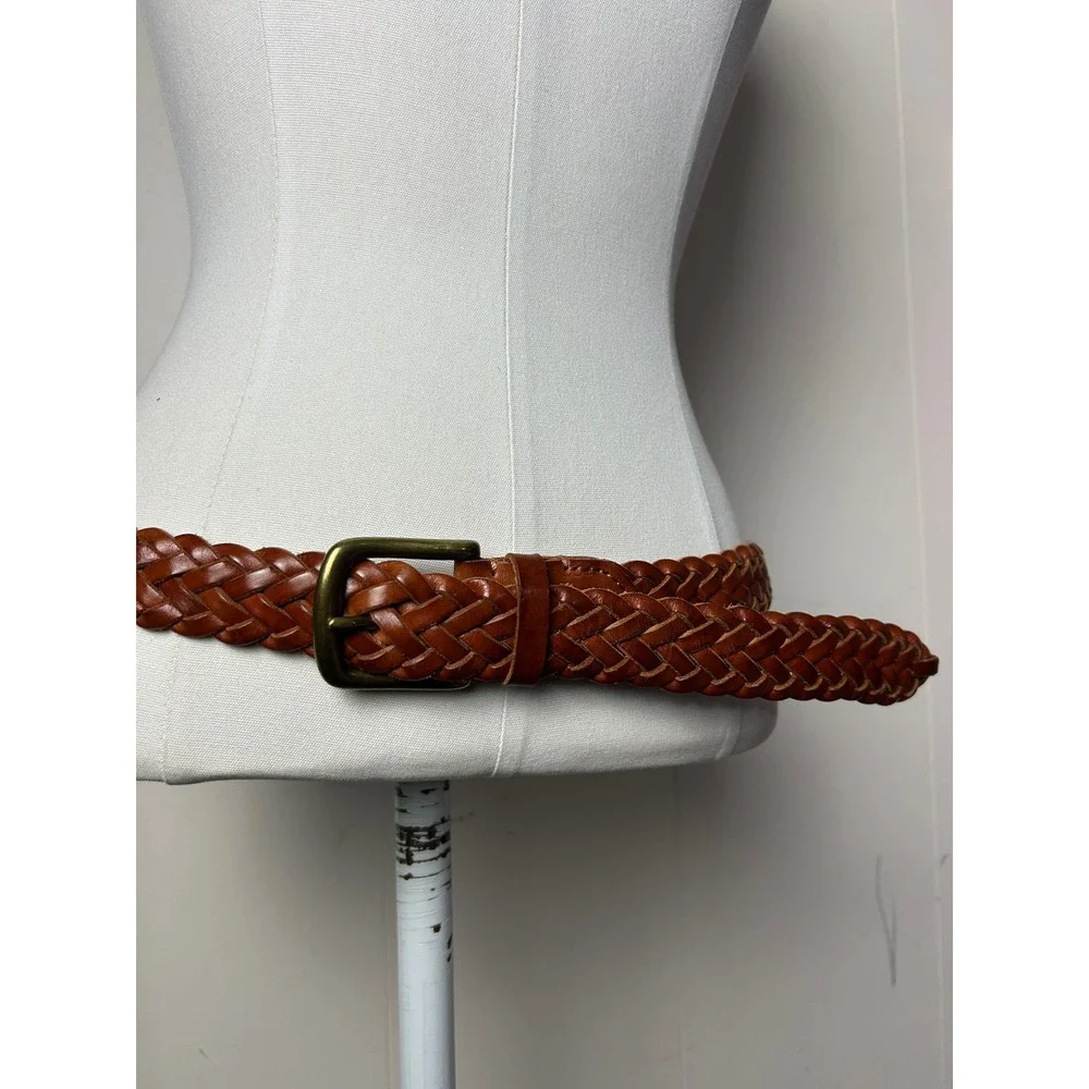 Cognac Brown Braided Leather Belt Brass Buckle S/M Boho Cottagecore Western